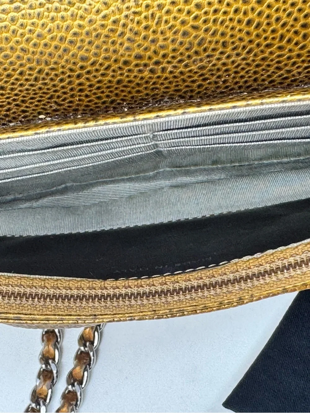 💎💎Preloved Chanel Gold Metallic Mini Half-Moon Caviar Wallet on Chain SHW